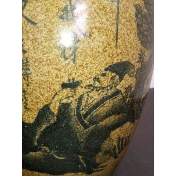 Vintage Pair Chinese Meizhou Pottery Stoneware Covered Double Handed Poem Jars - Picture 4 of 13